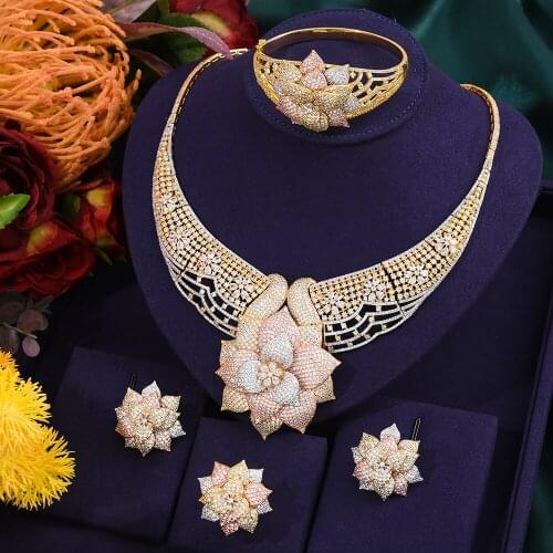 Missvikki Luxury Big Flower Pendant Gorgeous 4 PCS Jewelry Set For Women Wedding Cubic Zircon Dress Necklace Bangle Earring Set
