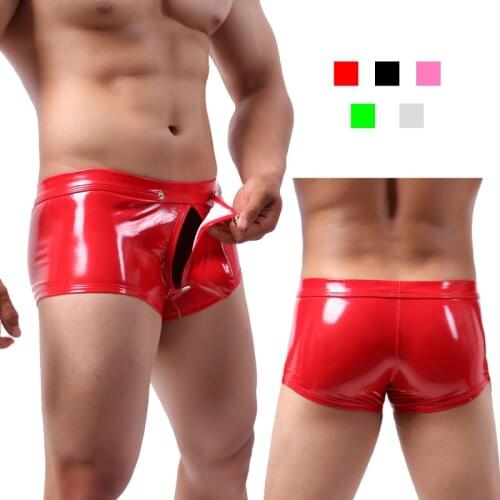 5 Colors Sexy Gay Underwear Men Boxer Shorts Shiny Faux Leather Underwear Wet Look Underpants Open Crotch Pouch Male Panties