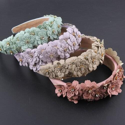 New fashion temperament leather flowers inlaid rhinestone headbands ladies prom travel personality hair accessories 863