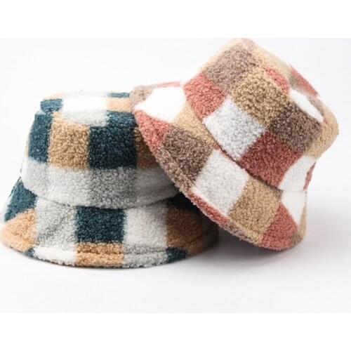 CNTANG 2021 Women Autumn Winter Bucket Hat Plaid Warm Plush Fashion Panama Hats For Ladies Vintage Teddy Velvet Fisherman Caps