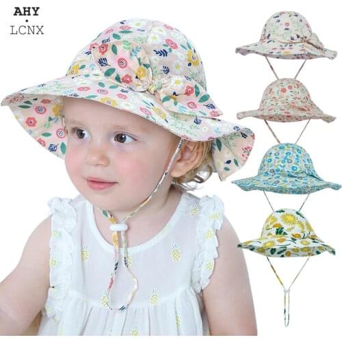 Cotton 2021 Baby Girls Big Brim Bucket Hat Infant Summer Bow Floral Outdoor Beach Sun Hat Rosette Panama Hats Lace-Up Cord Cap