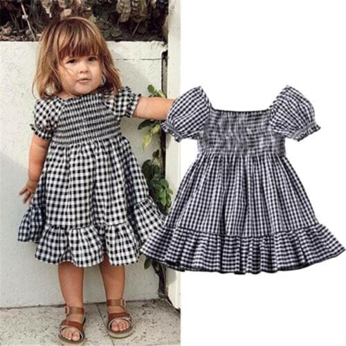 Free shipping Toddler Kid Baby Girl Dress square collar plaid newborn Summer Ruffle Short Sleeve Party cotton Dresses one pieces