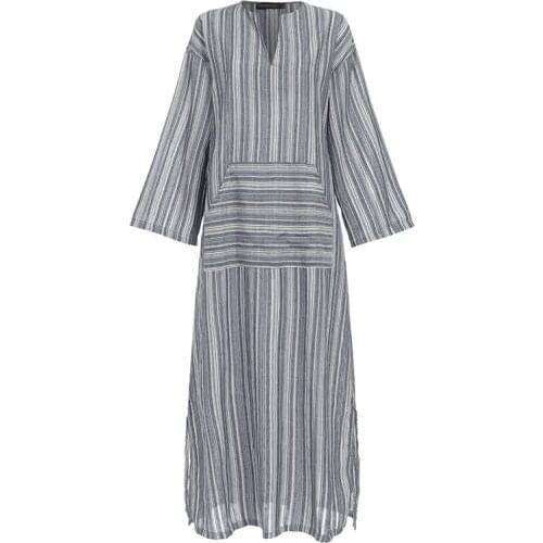 Women Cotton Striped Boho Dresses 2021 Summer Vintage Medieval Baggy Kaftan Casual Long Linen Loose Maxi Dresses Robe Clothing