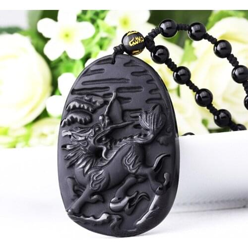 HFANCYW New Design Natural Black Obsidian Pendant High Quality Lucky Kylin Pendant Women Men Free Beads Necklace Wholesale Gift