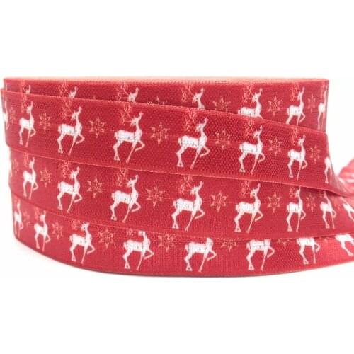Christmas Deers Print Fold Over Elastic 5/8'' Red FOE Elastic Ribbon DIY Headwear Accessory 10 yards