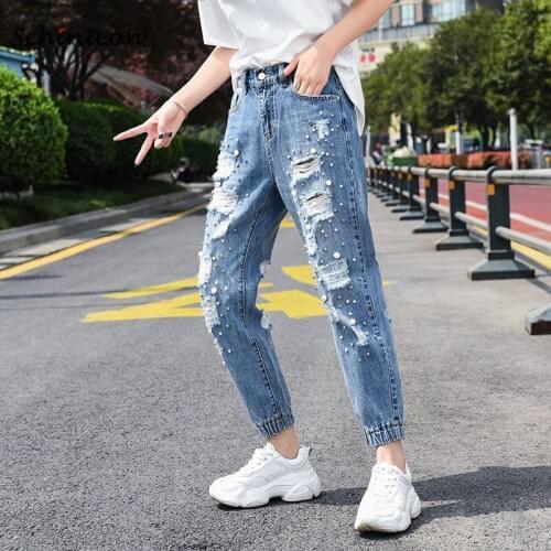 Schinteon Plus Size Denim Harem Pants Rippped Hole Elastic Waist Ankle-Length Loose Trousers High Waist Beading Streetwear