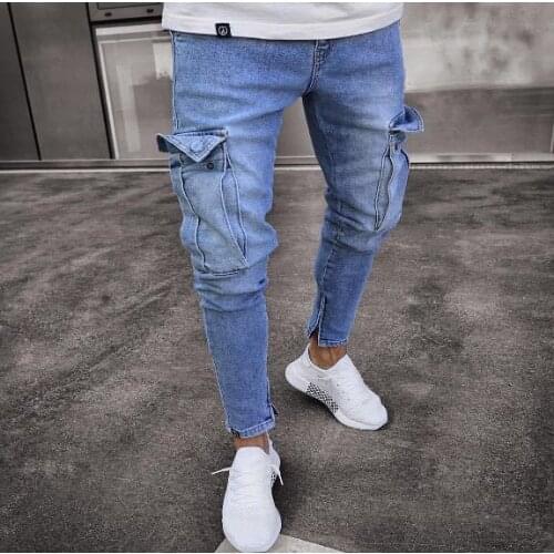 Stretch Mens Jeans Trend Knee Ripped Zip Feet Trousers plus size S-4XL
