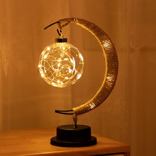 LED Moon Sepak Takraw Lamp Line Rattan Handmade Hemp Rope Iron Night Light for Household Bedroom Decoration Sleeping Lighting