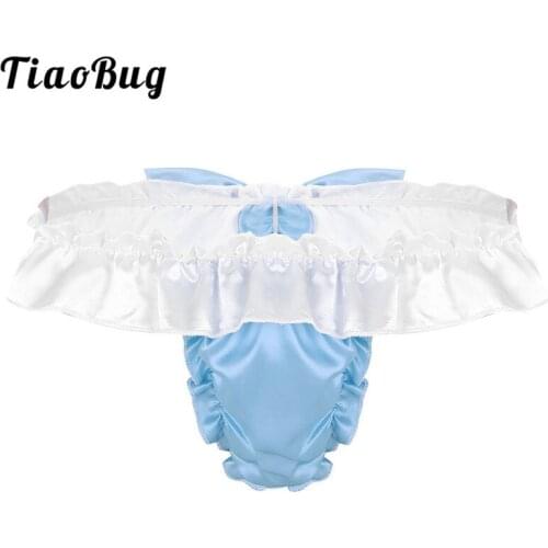 TiaoBug Men Shiny Soft Satin Sissy Panties Ruffle Frilly Bowknot Low Rise G-string Thong Briefs Male Sexy Gay Lingerie Underwear