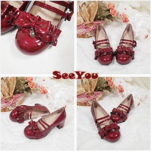 College style sweet lolita shoes vintage round head thick heel women shoes cute bowknot student kawaii shoes girl loli cosplay
