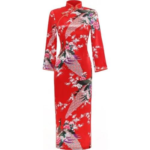 Shanghai Story Faux Silk Floral Qipao Long Chinese Dress vintage chinese style dress Chinese Oriental dress Peacock cheongsam
