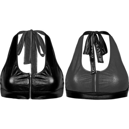 Womens Ladies Fashion Pole Club Exotic Tanks Tops Wetlook Costumes Front Zipper Shiny Adjustable Crop Halter Top Bra Blouse