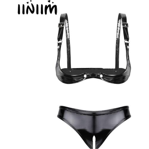 Womens Femme Wetlook Leather Exotic Lingerie Set Spaghetti Straps Open Cup Bra Top with Open Crotch Mini Briefs Sissy Panties