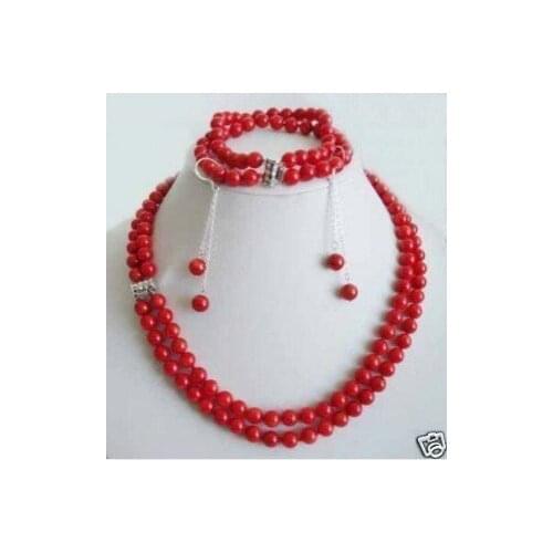 Women Gift word Love shipping Charming 2Rows Genuine Red Coral Beads Necklace Set Fashion shipping -jewelry