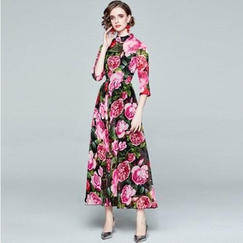 Runway 2021 New Summer Rose Floral Print Dress Vintage Women Stand Collar High Waist A Line Slim Simple Chiffon Long Dresses