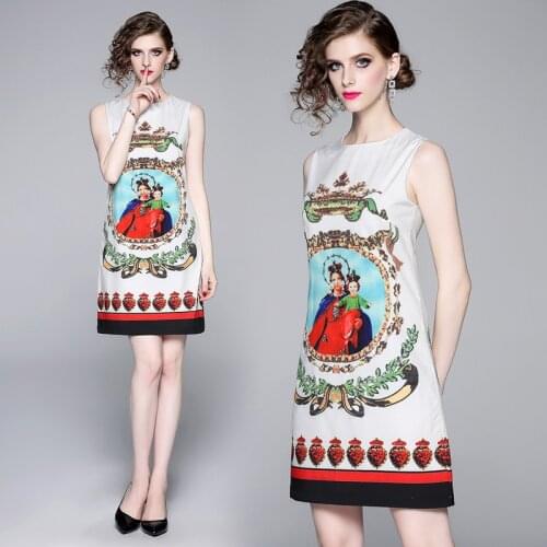 2019 Summer Runway Vintage The Virgin Mary Print Sexy Sleeveless O Neck Women Ladies Party Casual Evening Mini Vest Shift Dress