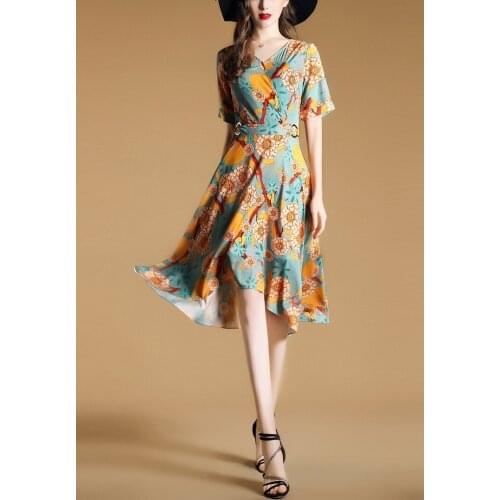 2017 Fashion Summer V-Neck High Quality Sexy Asymmetrical Print Dress Elegant Dresses Party Dress