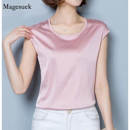 2021 Summer Satin Blouse Plus Size Women Clothing M-4XL Shirts Loose Blouses O-neck Sleeveless Casual Solid Tops Simple 14752