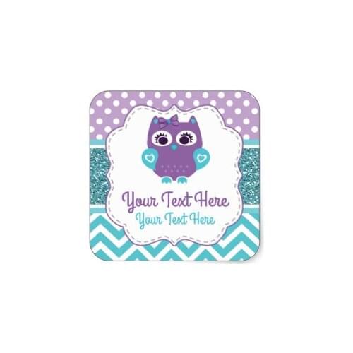 3.8cm Purple Turquoise Owl square Sticker, Label