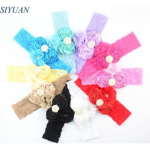 40pcs/lot 13 Color U Pick Newborn Satin Rose Chiffon Flowers Hairband with Rhinestone Button Luxe Headwear FD206