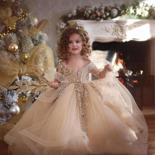 Champagne Ball Gown Flower Girls Dresses For Weddings Little Kids Toddler Pageant Dress Long Sleeves Crystal First Communio