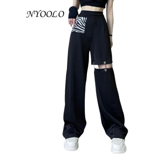 NYOOLO Casual Streetwear Hollow Out Chain Patchwork Zebra Pocket Elastic High Waist Pants Women Black Full Length Trousers