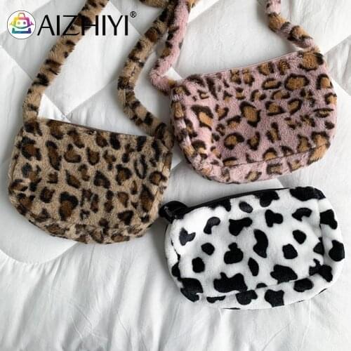 Ladies Handbags Women Fashion Leopard Pattern Printing Plush Shoulder Crossbody Messenger Bag Casual Soft Small Purse Handbags
