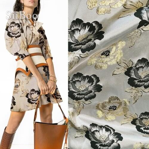 European luxury floral printed champagne jacquard brocade satin fabric for lady dress suit telas infantiles tissu SP5833