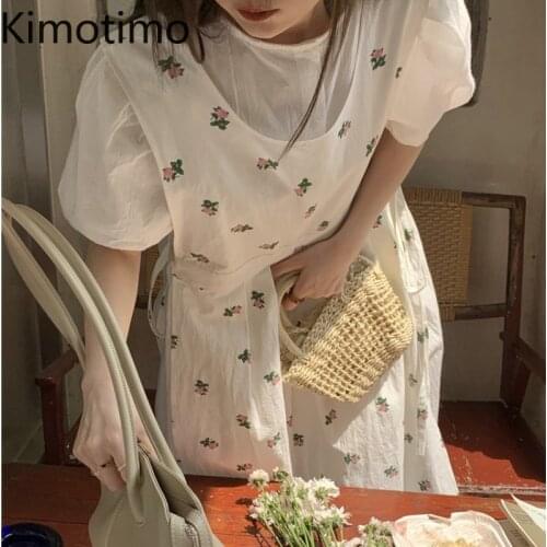 Kimotimo Dresses Sets Women Korean Chic Summer Gentle O-neck Loose High Waist Base Dress + Side Belt Floral Vest Dresses Femme