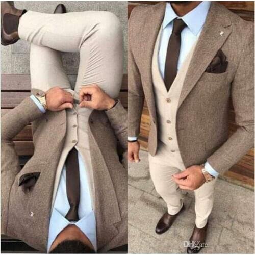 Terno Masculino Casual Winter Tweed Business Men Wedding Suits Beige Groom Tuxedos Men Prom Party 3 Pieces (Jacket+Vest+Pants)