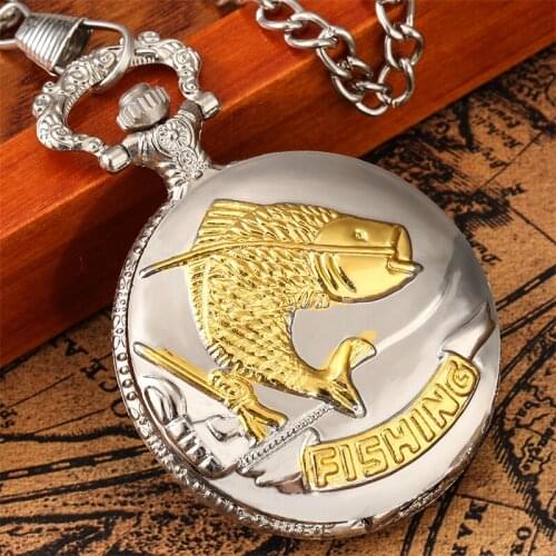 Golden Fish Pattern Case Pendant Watches Quartz Analog Movement Clock Full Hunter Antique Alloy Fob Chain for Women Men Gift