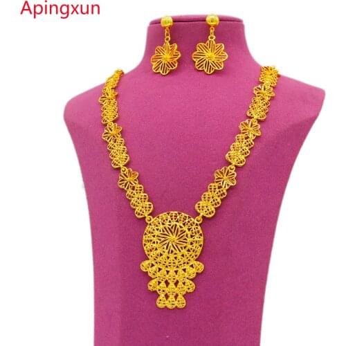 Apingxun French New Style 24K Gold Color Necklace&Earrings Set Dubai Women African Bridal Wedding Jewelry Party Nice Accessories