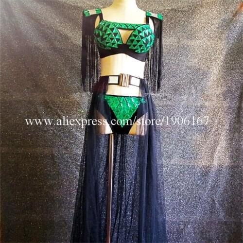 New Design Fashion Green Color Mirror Female Ballroom DJ Singer Bar Show Bra Shorts Costumes Clothes Dress Performance Suits
