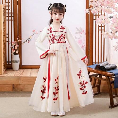 Girls Hanfu Dresses Ancient Style 2020 New Lace Embroidery Flower Girls Pageant Dress First Communion Dresses Party Gown