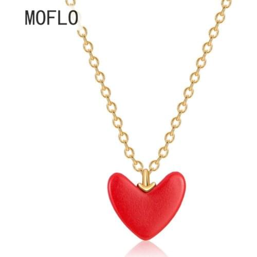 MOFLO Tibetan silver Necklace Simple Heart-shaped Love Pendant Clavicle Chain Ladies Small Red Heart with Chain for Woman
