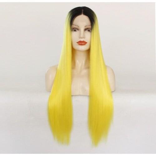 Synthetic Lace Front Wig For Women Yellow Color Long Straight Ombre Wigs Middle Part Cosplay Wigs High Temperature Fiber Wigs
