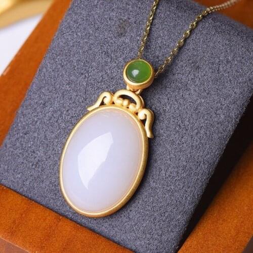 Sterling Silver Gold-Plated Hetian Jade Safety Lock Pendant Embellished Jasper Inlaid Hetian Jade Womens Jade Clavicle Chain