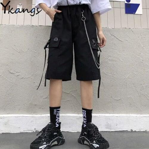 With Chain Big Pocket Hip Hop Women Summer Cargo Shorts Elastic High Waist Straight Harajuku Vintage Sport Shorts Running Female