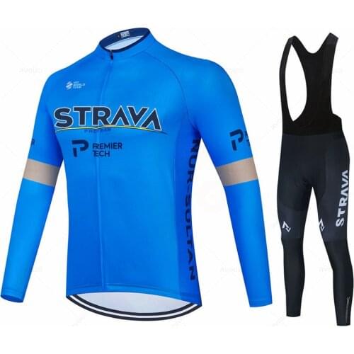New Strava Team Long Sleeve Cycling Jersey Set Bib Pants Ropa Ciclismo Bicycle Clothing MTB Bike Jersey Uniform Men Clothes