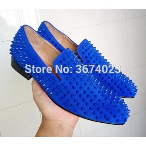 Qianruiti Men spike flat Shoes Male Black Blue Rivets Loafers Slip-on Smoking Shoes Square Toe Breathable Casual Shoes Men