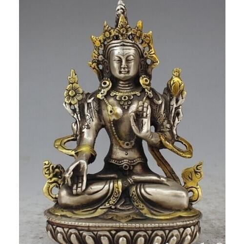 Decoration Tibet copper silver Chinese Tibetan Buddhism silver copper white tara Kwan-Yin Bodhisattva statue