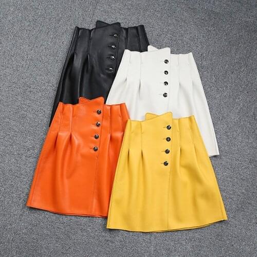 Autumn New Designer Womens High-rise Leather Skirts Hot Fashion Genuine Leather A-line Skirt C110