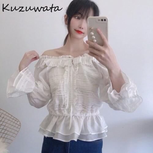 Kuzuwata Sexy Slash Neck Shoulder Strapless Drswstring Blouse Women Flare Long Sleeve Slim Waist Blusas Solid Shirt Femme