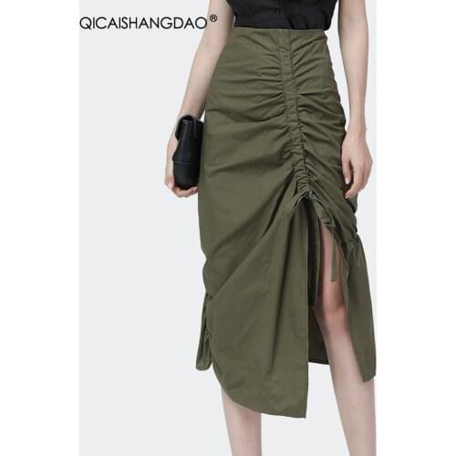 Fashion Army Green Mid-Length Ladies Cotton Skirt 2021 Summer High Waist Drawstring Design Elegant Shirring Women Mermaid Skirts