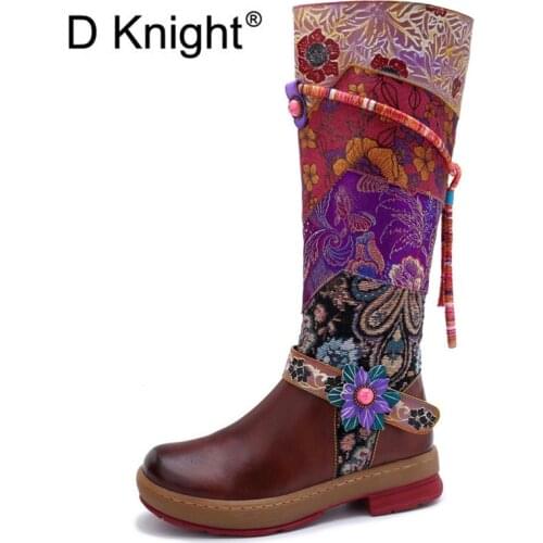 Retro Bohemian Knee High Boots Women Shoes Woman Genuine Leather Cowgirl Boots Vintage Zipper Flat Heel Lady Boot Shoe 2019 New