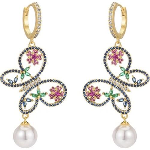 Temperament Sweet Hook Earings for Women White Pearl Butterfly Dangle Jewelry Cubic Zirconia Fashion Wedding Earrings