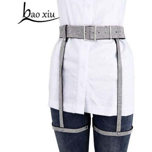 Luxury Rhinestones Suede Leather Belt Women Thigh Harness Bondage Waist Belt Metal Buckle Elastic Straps Stockings Garters Belts