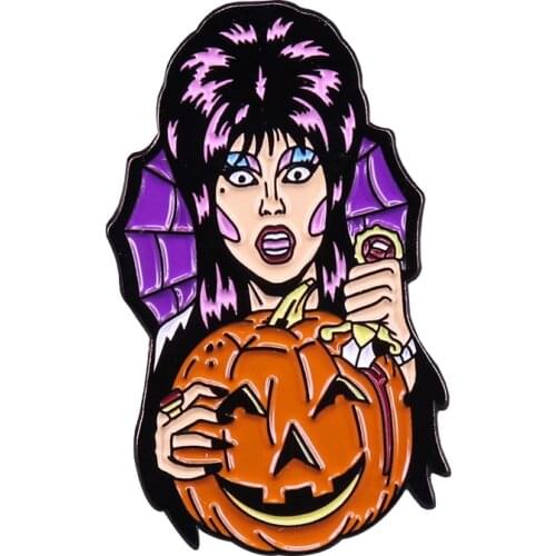 Elvira creepy carver lapel pin 80s movie Mistress Of The Dark inspired popular punk Halloween party favor