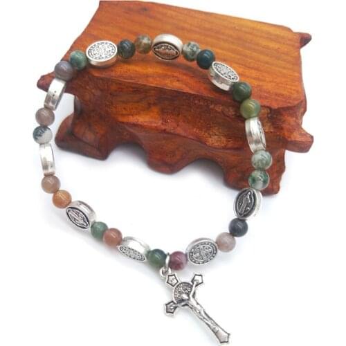 Natural Stone Icon Beaded Christian Catholic Crucifix Cross Rosary Bracelet Saint Benedict Bracelets Religious Prayer Jewely