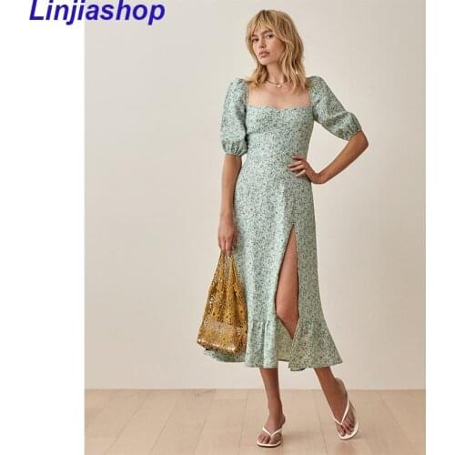 Elegant Women Summer Floral Print Midi Dresses Chic Puff Short Sleeve Dress Ladies Sexy Split V-Neck Party Dress